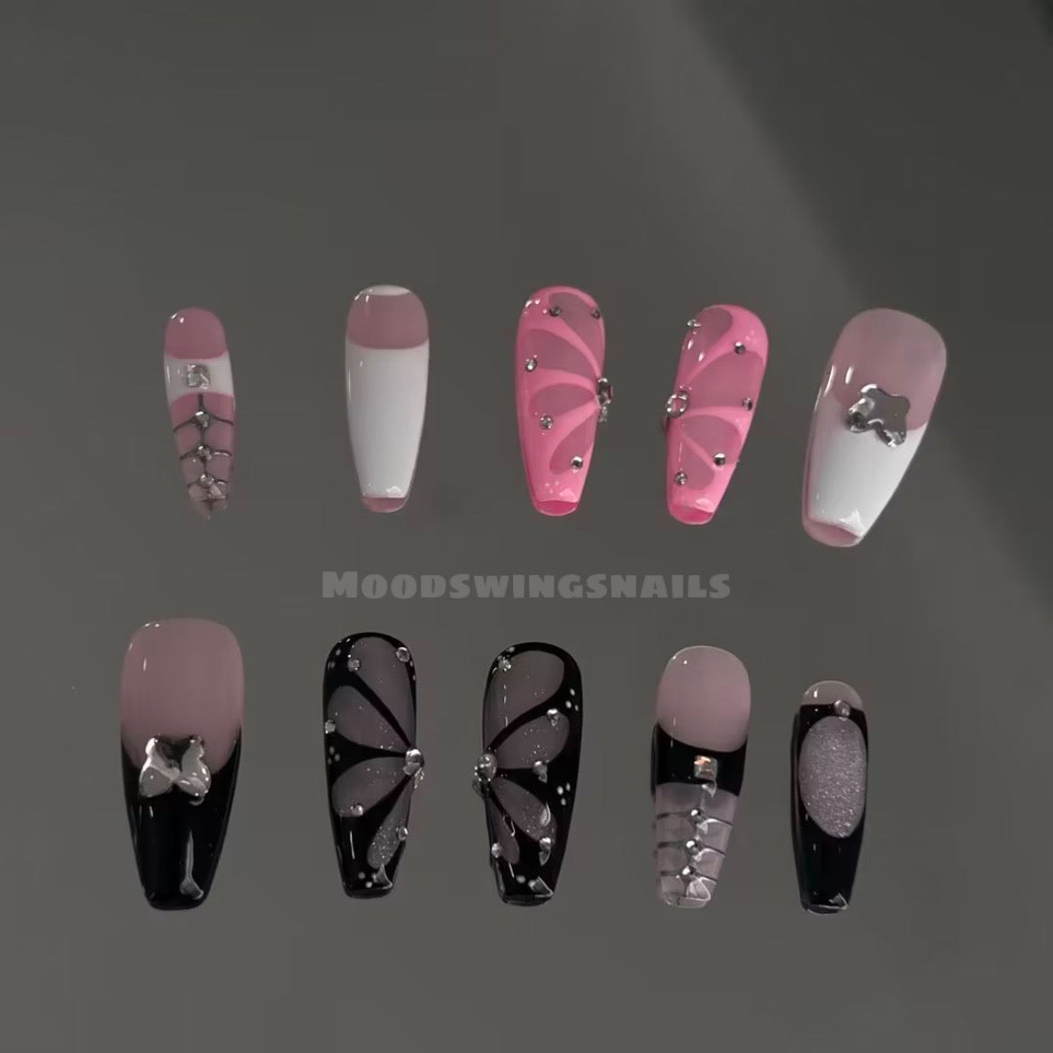 Y2K Black And Pink Butterfly French Tip